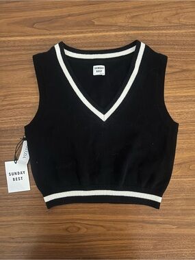 Sunday Best Black V-Neck Sleeveless Sweater with White Trim